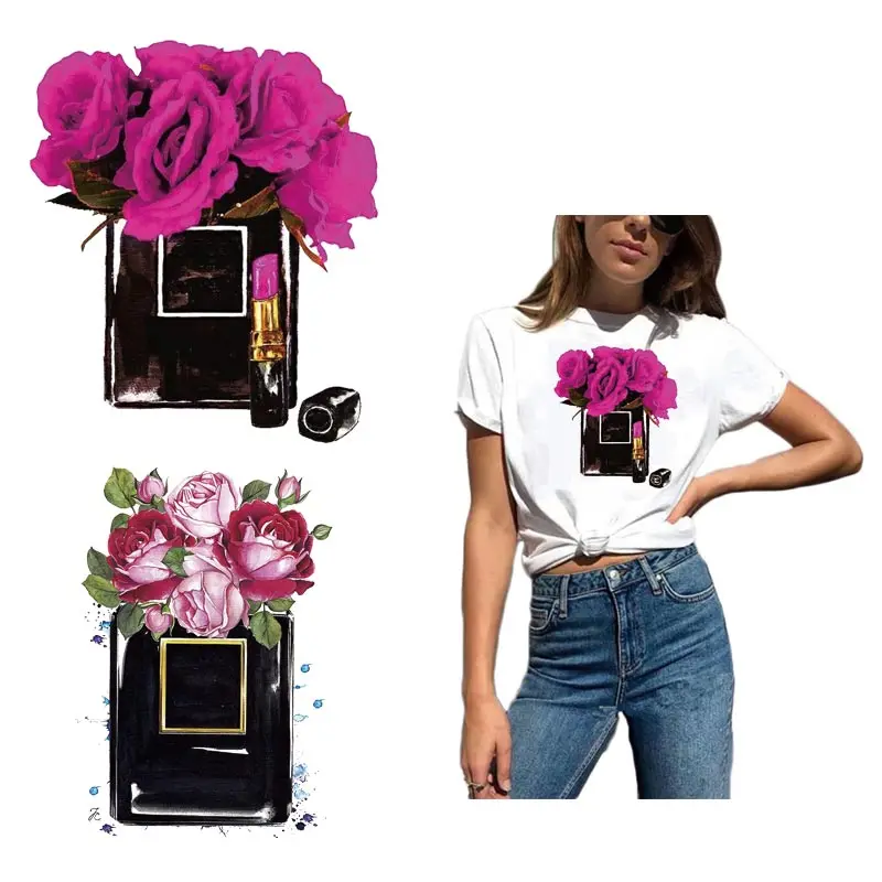 

Pink Rose Flower Perfume Bottle Patches Thermo Applique Sticker On Clothes DIY Iron On Transfers For Clothing Girl T-shirt Decor
