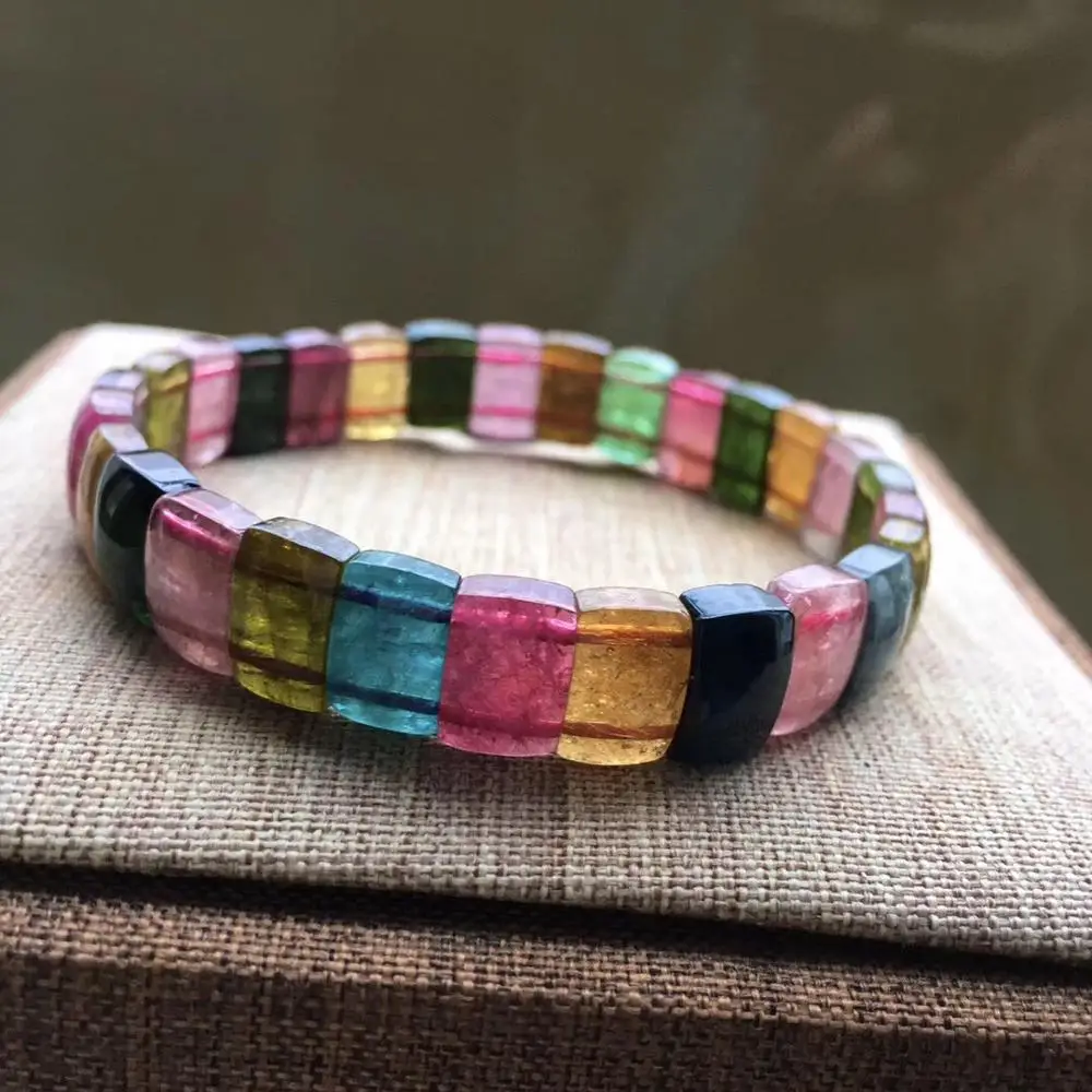 

Top Natural Rainbow Tourmaline Quartz Bracelet For Woman Man Brazil Crystal 10x7.5mm Rectangle Beads Stone Bangle Jewelry AAAAA