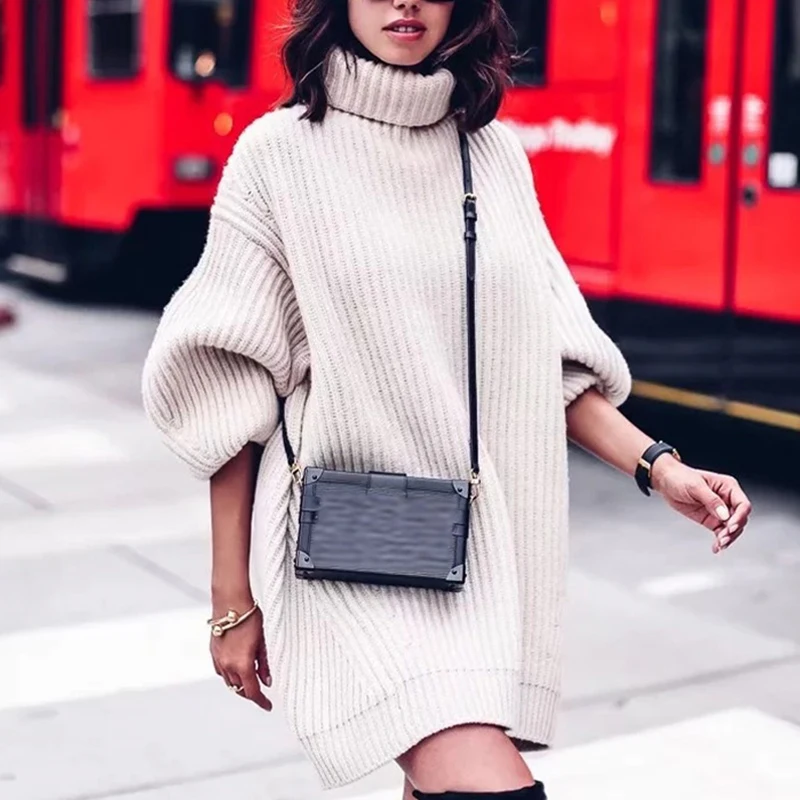 Женское элегантное однотонное платье-свитер с высоким воротом 2019 брендовый стилист основной фонарь длинный пуловер уличный трикотаж