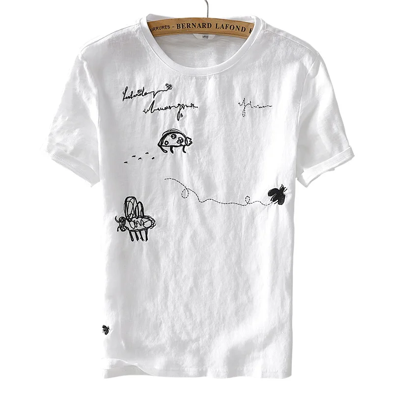 

Cool summer cotton and linen t shirts men brand white t shirt for men fashion round neck t-shirt mens embroidered tshirt chemise