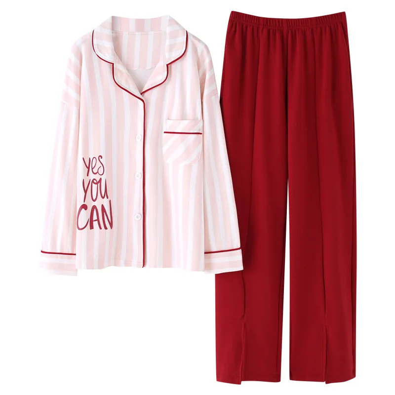 

77032 # Powder Pattern Lettered Cardigan MZA High Quality Pure Cotton Long Sleeve Pajamas Homewear Set Series