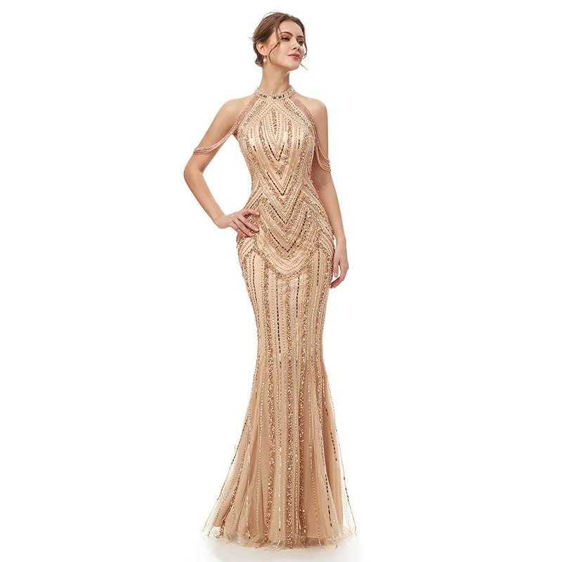 Роскошное платье с бретелькой на шее, украшенное кристаллами и бисером, Vestidos De Festa, с открытыми плечами, Русалка, строгое длинное вечернее платье