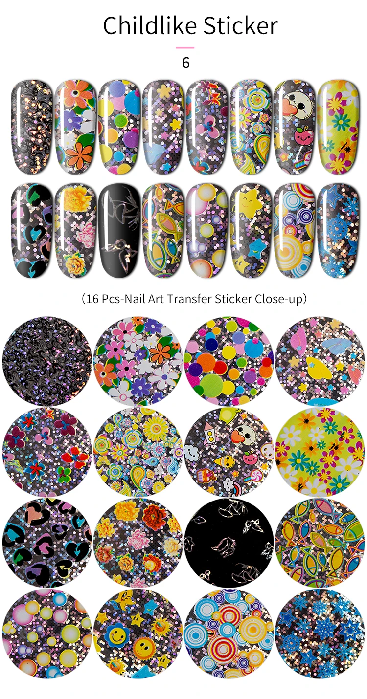 16 шт переводные наклейки для дизайна ногтей, 3D наклейки в виде цветов, голографические наклейки из фольги, инструменты для украшения маникюра, 4*20 см, смешанный узор