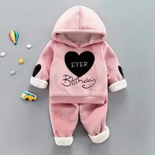 Комплекты одежды для маленьких девочек осенне-зимние хлопковые толстые бархатные толстовки+ штаны для новорожденных спортивный костюм из 2 предметов для девочек, милый комплект