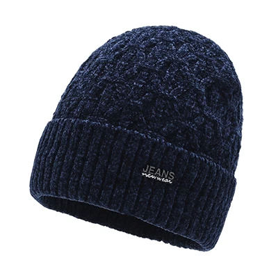 Новинка, Мужская зимняя дизайнерская шапка, вязаные шапки, джинсы с логотипом, Мужская шапочка, одноцветная Вельветовая шапка Skullies, зимняя теплая шапка, зимняя Черная шапка - Цвет: Blue