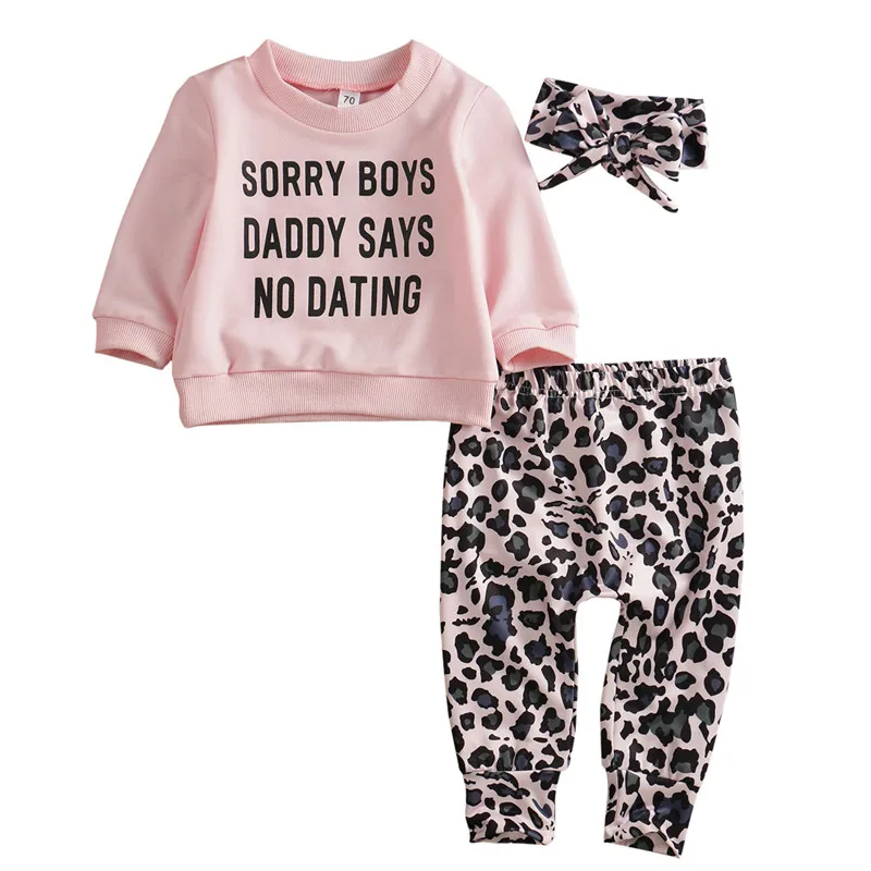 0-24months Newborn 3pcs Set Cute Baby Girl Autumn Outfit Leopard Sweatshirt Tops Pants Outfit Tracksuits For Girls Clothing 2019 baby clothing set red	 Baby Clothing Set