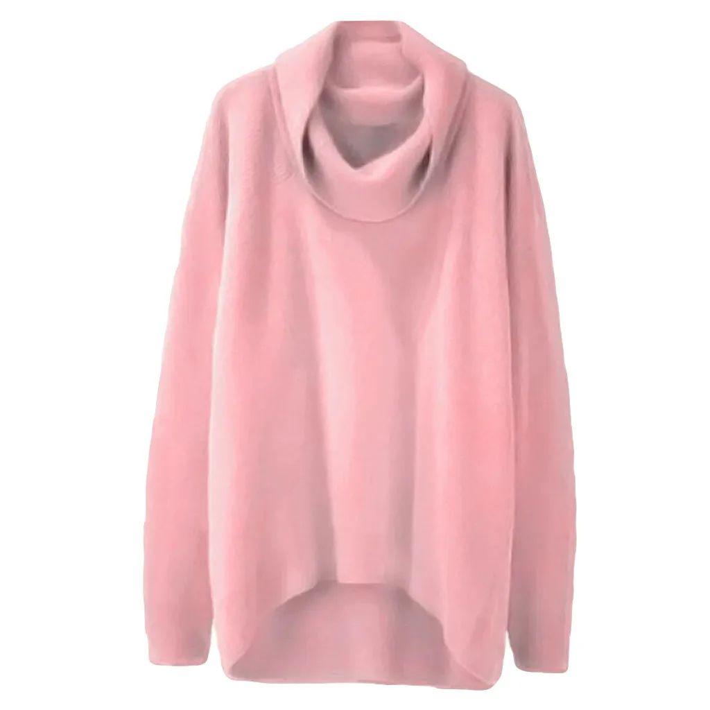 Pink Водолазка, женский свитер, однотонный, элегантный, высокий воротник, неровный подол, длинный рукав, пуловер, свободный, толстый, вязаный, мягкий, короткий, свитера - Цвет: Pink