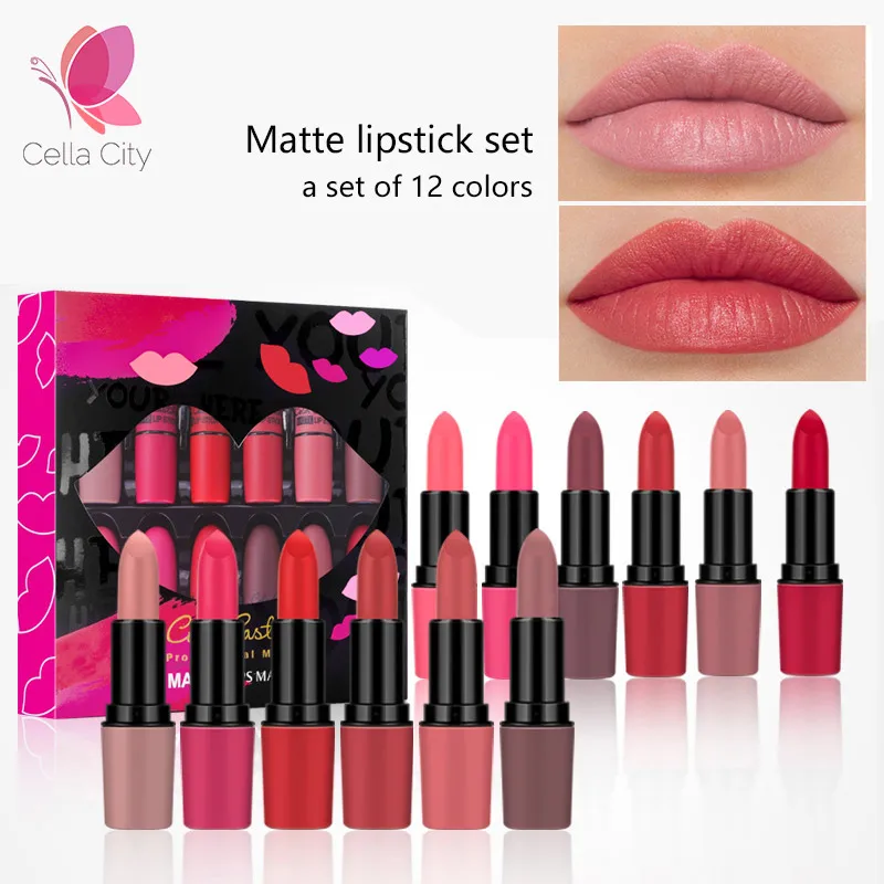 

Cellacity matte lipstick set 12pcs/lot Waterproof Long Lasting s Nude Red Velvet Pigment Batom Women Fashion Lip Makeup