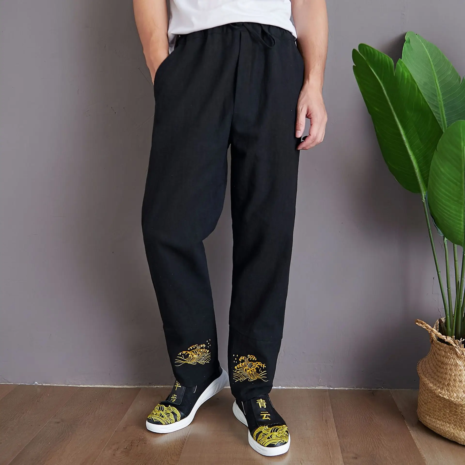 

Ma fan bu yi Autumn New Products Embroidered Waves Pants Retro Ramie Casual Pants Irregular Joint Embroidered Loose Style