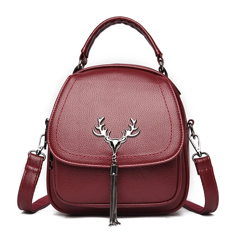 

Fashionable Multifunctional Women's Backpack 2021PU Leather Deer Head Tassel Bag Designer Girl Backpacks Casual Retro Sac A Dos