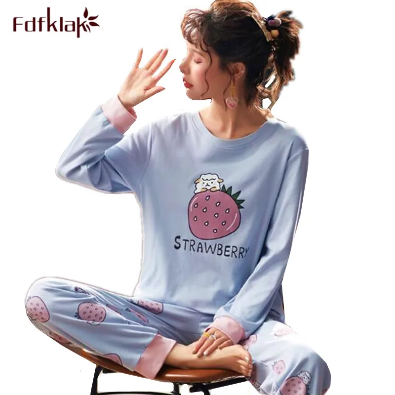 

Fdfklak cotton women's pajamas set long sleeve autumn winter sleepwear pyjamas women cute cartoon home wear pijama mujer M-3XL