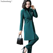 Женский рабочий брючный костюм зеленый черный комплект из 2 предметов осенне-зимний Длинный блейзер на одной пуговице пиджак и брюки для офисных леди