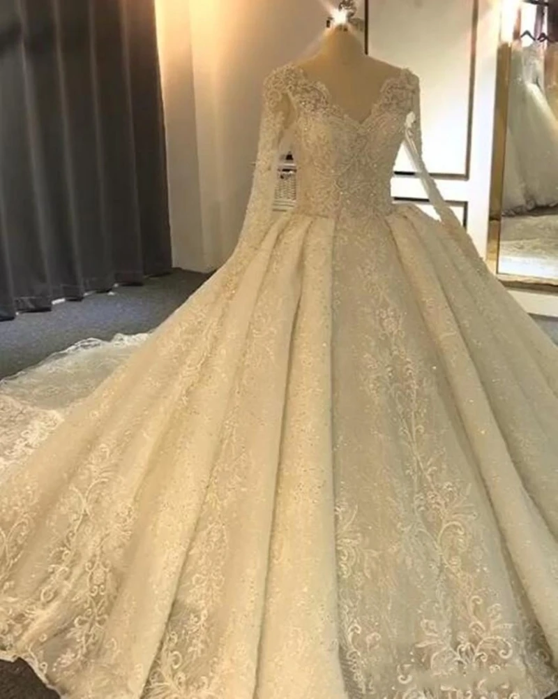 Роскошное арабское, с длинными рукавами кружевное свадебное платье бальное платье кружевные свадебные платья «горный хрусталь» Горячая длинный поезд Свадебные платья
