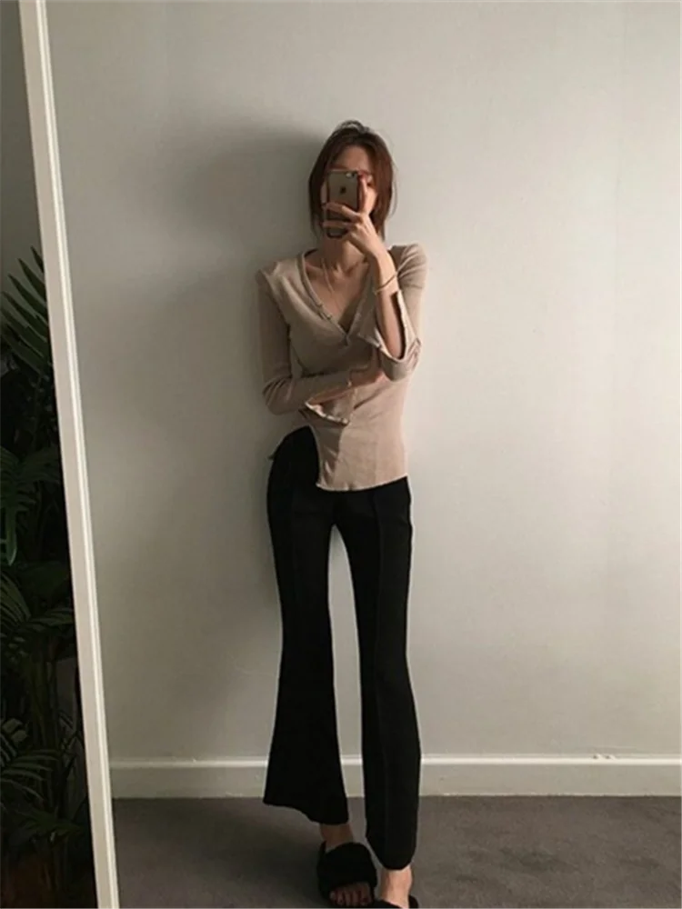Футболка женская трикотажная с V образным вырезом и длинным рукавом|fashion t shirt women|t