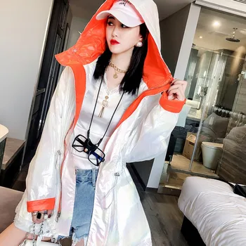 

2020 New Spring Summer Shiny Windbreaker Women's Colorful Hooded Drawstring Waist Contrast Color Trench Coat m390