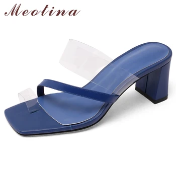 

Meotina Real Leather High Heel Slippers Transparent Flip Flops Shoes Female Square Toe Thick Heels Shoes Ladies Summer Sandals