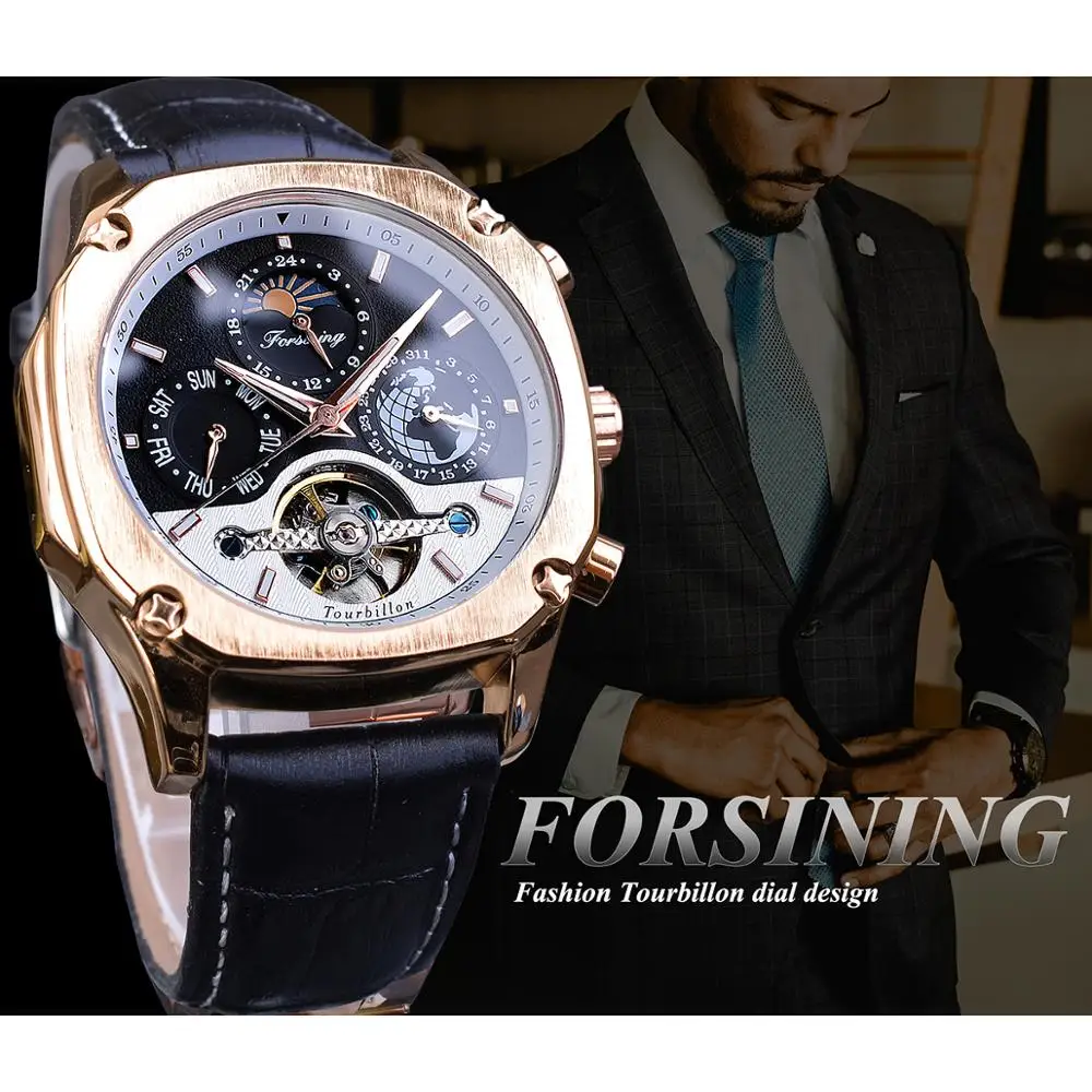 Forsining роскошные золотые механические мужские часы квадратный автоматический Moonphase Tourbillon Дата Натуральная кожа ремешок часы подарок