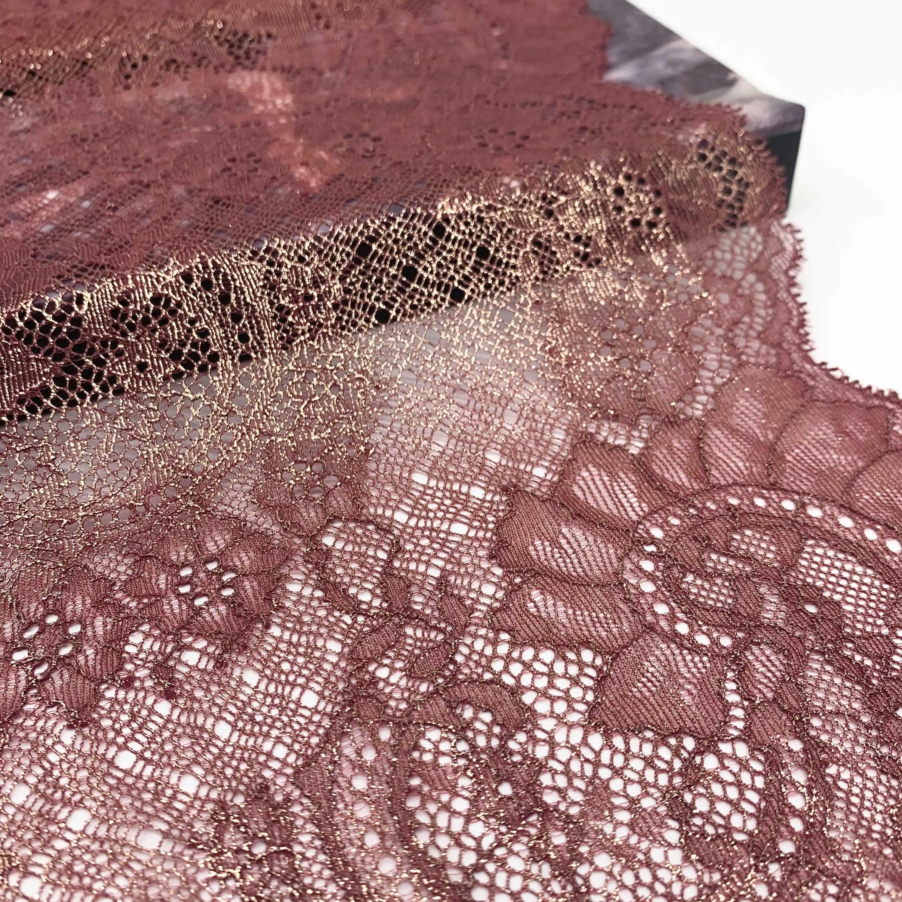 3y/lot Width 23cm Floral Stretch Lace Trim Dark Red Foil 2