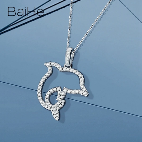BAIHE Solid 18K белое золото Сертифицированный 0.68ct H/SI круглый натуральные бриллианты женские ювелирные изделия в виде дельфинов ожерелья для помолвки