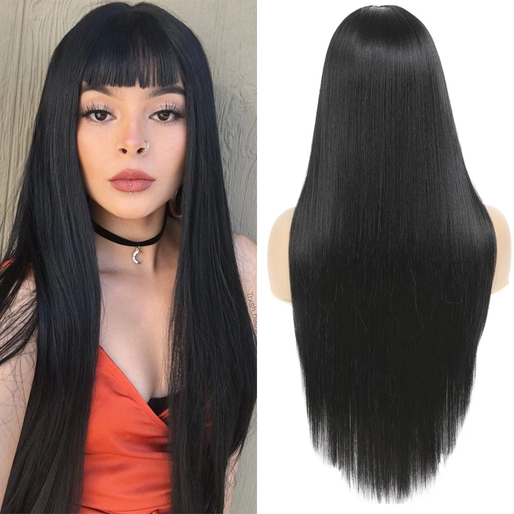 Retas com Franja Penteado para Preto Peruca de Alta Perucas Sintéticas Preto Colorido Longo Mulher Camada Máquina Temperatura Peruca Diária 3 High Quality Apliques e perucas