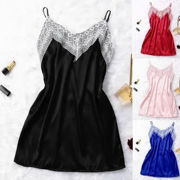 

Women Lace Satin Silk Solid Color Sleepwear V-Neck Sleeveless Lingerie Babydoll Summer Home Nightdress Underwear Nightgown#p3