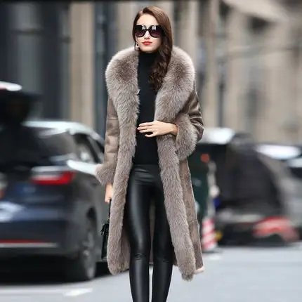 Women Winter Rabbit Leather Jacket Superior Quality Fox Fur Collar Rabbit Fur Liner Jacket Real Leather Jacket Parka Cothes - Цвет: Beige