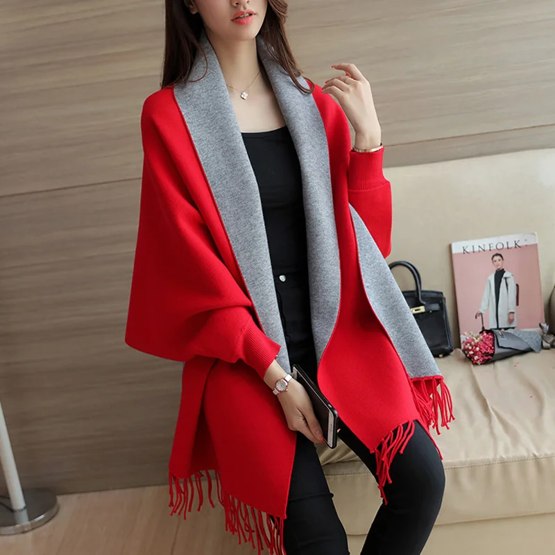 Высококачественный красный Свободный кардиган свитер женский женский однотонные кисточки вязаный жакет женский толстый свитер пальто - Цвет: Red