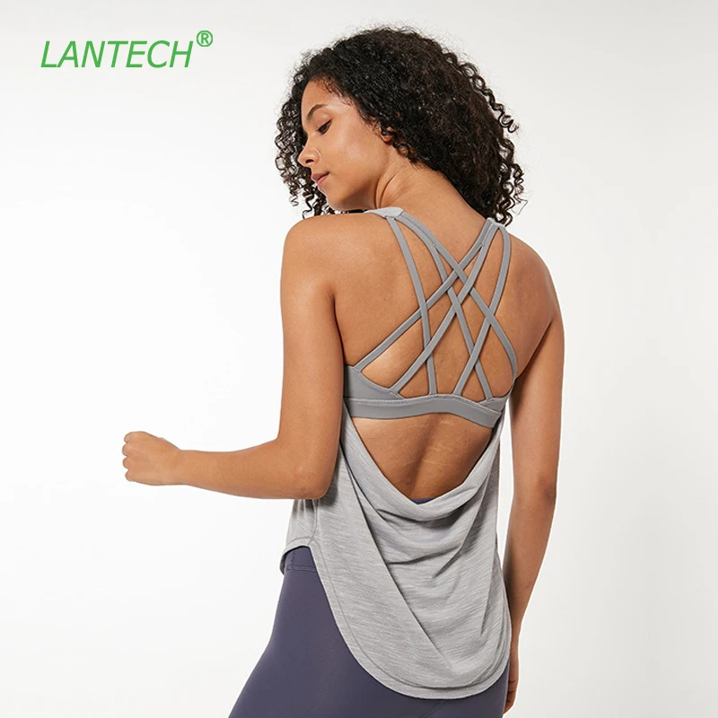 

LANTECH Women Yoga Running Fitness Tank Tops Padded Gym Sports Vest Sleeveless Back Cross Shirts With Removable Chest Pads