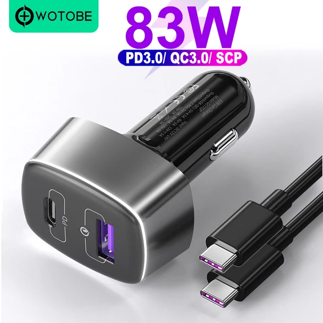 WOTOBE 2 port 83W super fast car charger,1 Port USB C PD 60W 20V power adapter,1 5A QC3.0/AFC/SCP 22.5W for phones and laptops