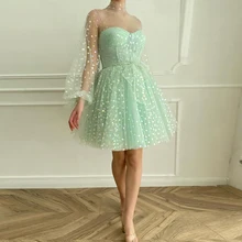 

Light Green Cocktail Gown Hot Selling Illusion Tulle High Neck Homecoming Party Celebrity Party Prom Dresses Robe De Soirée