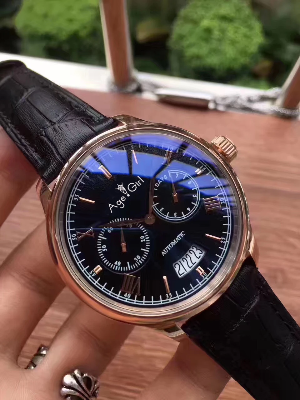 

Brand New Men Automatic Mechanical Pilot Le Petit Prince 7 Day Power Reserve Stainless Steel Rose Gold Rome Black Leather Watch