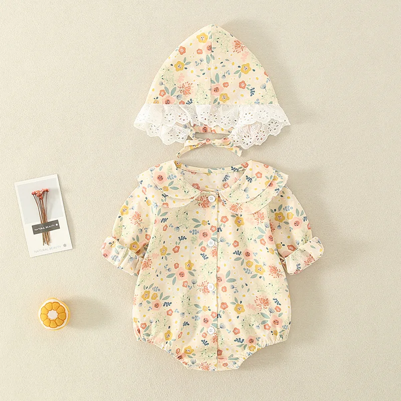 

2 Pcs/set Baby Girl Summer Clothes Sets Floral Kids Children Bodysuit Caps Suit Infant Infant Girl Clothing Cotton