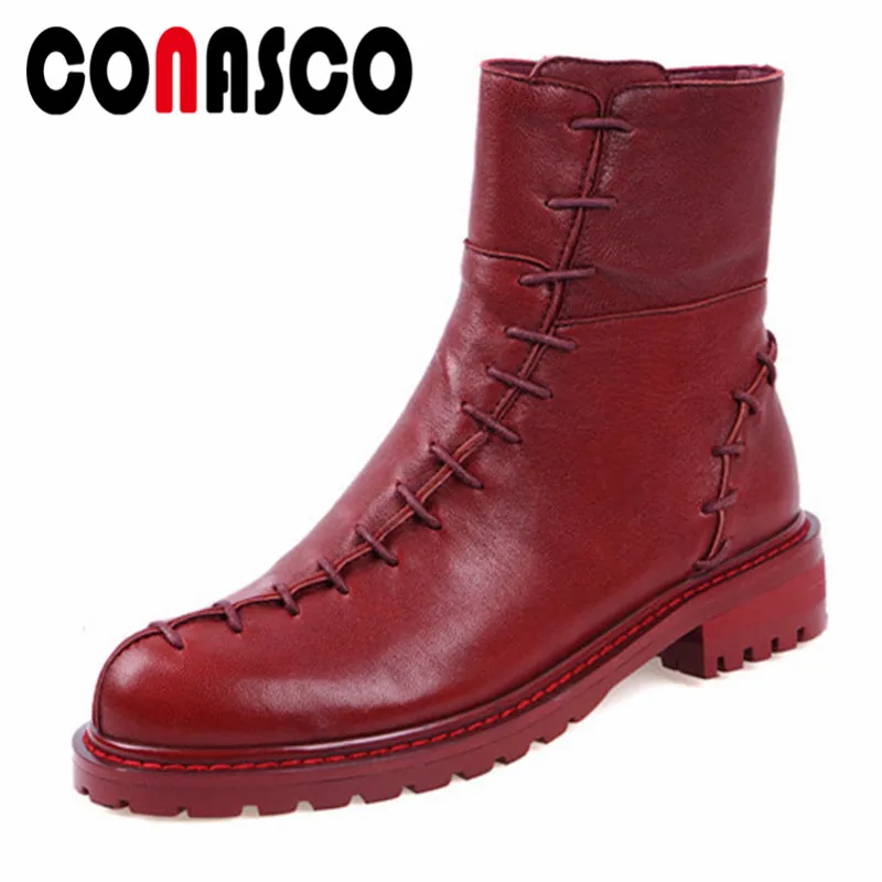

CONASCO Newest Fashion Woman Flats Side Zipper Autumn Winter Warm Genuine Leather Casual Shoes Retro Ankle Boots Shoes Woman