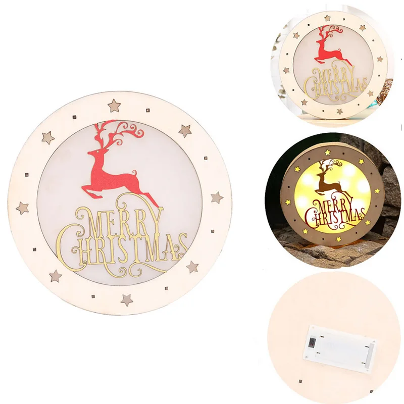 1pc LED Wood Ornament Christmas Tree Shape Wood Light Elk Table Decor Creative Table Round Stars Elk Merry Christmas Household