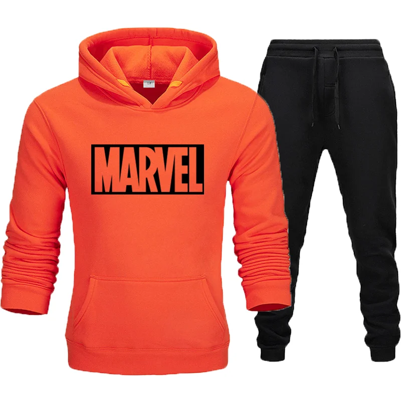Простой модный мужской костюм с принтом Marvel, спортивный костюм, мужской спортивный костюм, флисовая плотная толстовка с капюшоном+ штаны, спортивный костюм, Азиатский размер