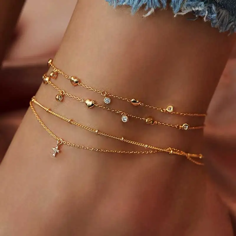 

Vienkim New Vintage Cross Pendant Heart Anklets For Women Multilayers Beads Chain Anklet 2020 Bracelet on Leg Foot Beach Jewelry