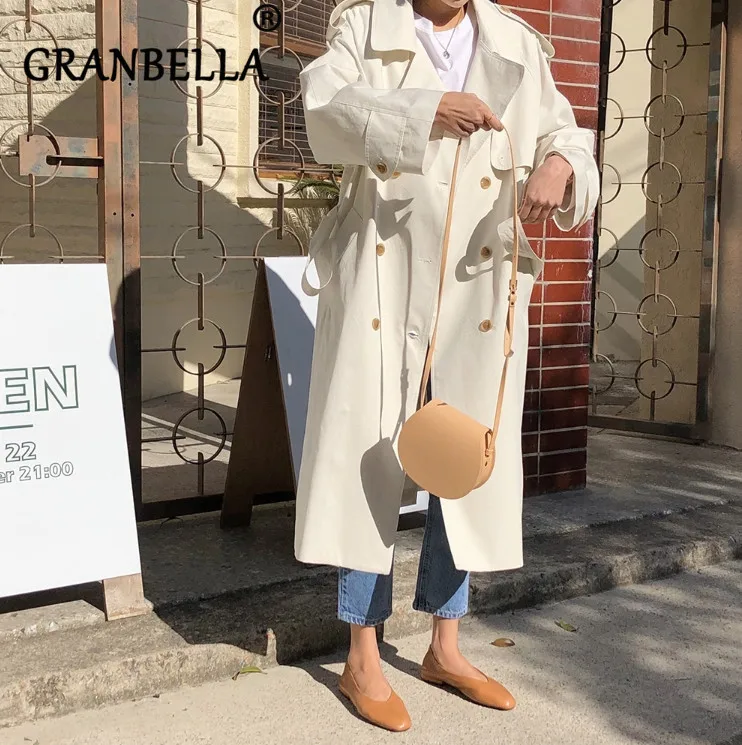 

2019 New Korean Spring Turn-Down Collar Chic Women Trench Coat Double Breasted Solid Color Oversize Elegant Female Windbreaker
