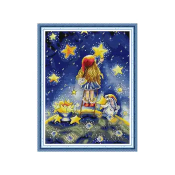 

Girl Picking Stars Handmade Needlework Counted 14CT Printed Cross Stitch DIY Embroidery Kit Set