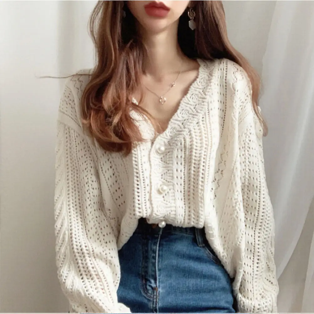 Korobov Korean Elegant Chic Women Cardigans Sweaters Vintage V Neck Puff Long Sleeve Sweater Sweet Japanese Hollow Out Knitwear cardigan