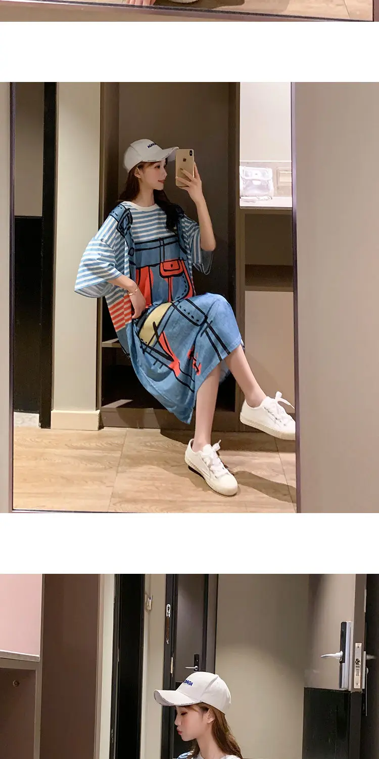 Dress Women Striped Cartoon Printed Oversize Hot Selling Long Dresses Graphic Ulzzang Female Lovely Chic Streetwear Popular Maxi