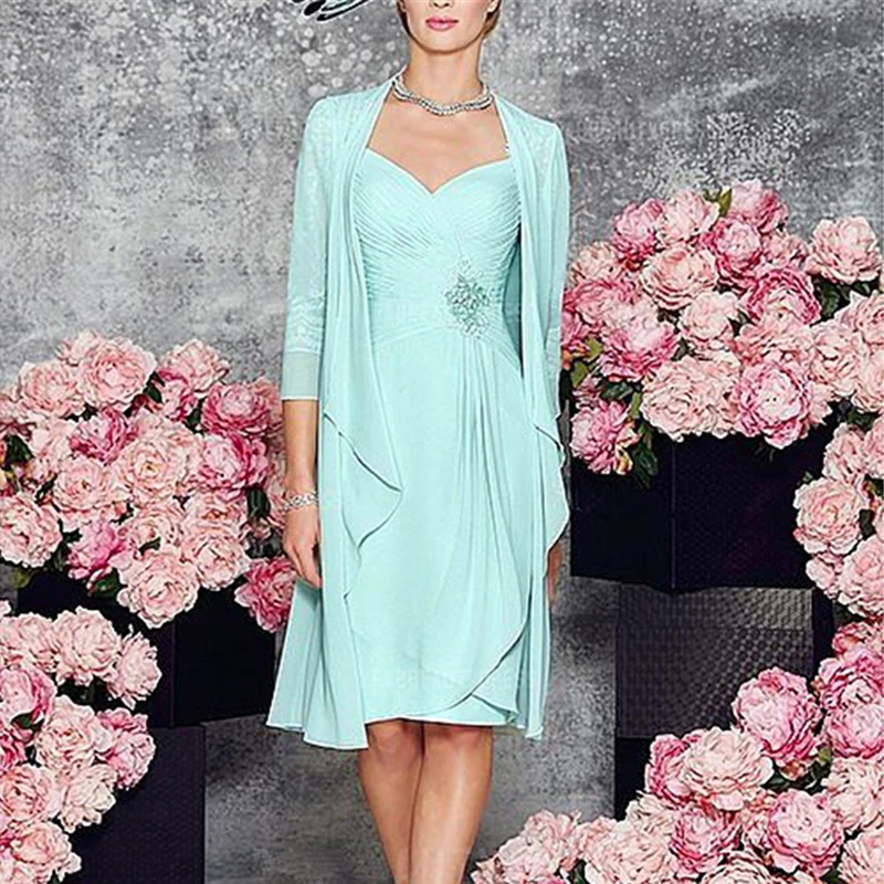Classic Two Pieces Sky Blue Mother of the Bride Dresses Lace Mother Gowns with Jacket Wedding Party Gowns Knee Length mother bride dresses,women party dresses