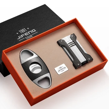 

JiFENG Carbon Fiber Travel Cigar Case Box And 1 Torch Jet Flame Cigar Lighter With Stainless Steel Cutter Blade Set For COHIBA