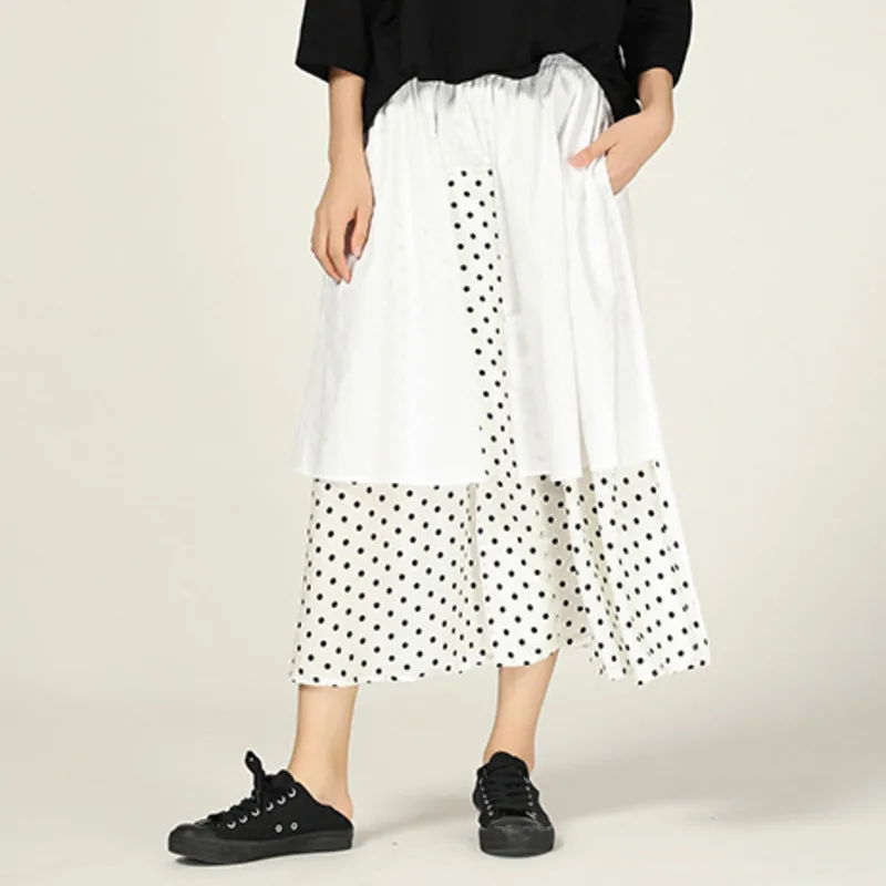 Мода сплошной цвет сшивание волна точка эластичный пояс свободная плюс женская юбка футболка Повседневная Дикая мода волна Осень новинка TV175