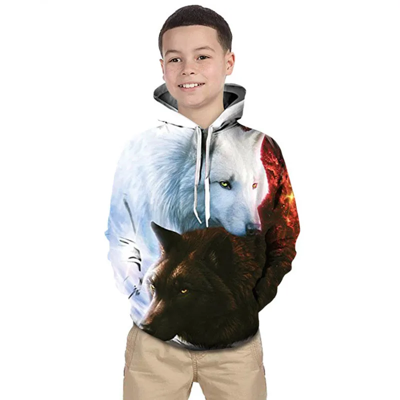 3D Print Wolf Boys Hoodies Coats Spring Autumn Outerwear Kids Hooded Sweatshirt Clothes Children Long Sleeve Pullover Tops