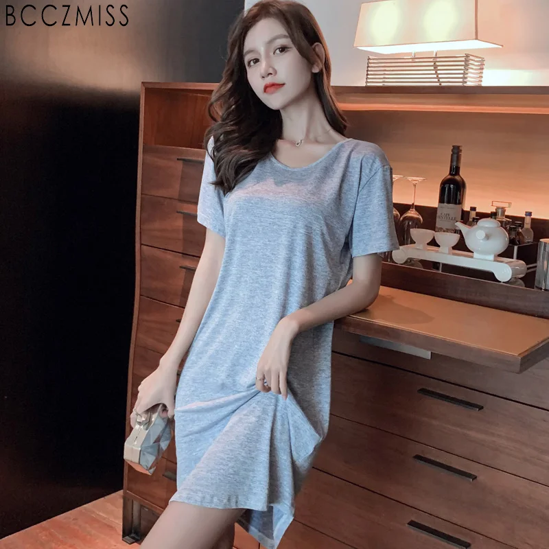 

BCCZMISS Sexy Summer Pure Pajamas Women Silvery Grey Nightdress Female Sleepwear Dress Gowns Girl Home Clothes Ladie's Nightie