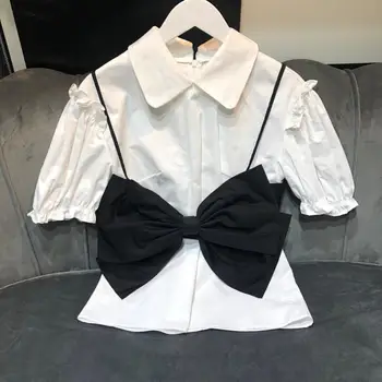 

2020 summer new women puff sleeve white shirt blouse + bow vest ladies fashion tops blouse ddxgz3 8.08