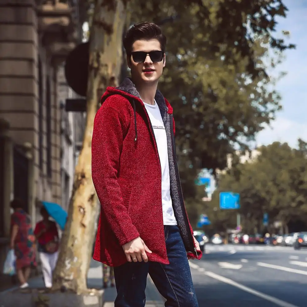 Autumn Winter New Casual Medium and Long section Sweater Zipper Fashion Solid Pockets Knit Outwear Coat Sweater Men MWK009 - Color: Red