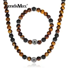 Натуральный тигровый глаз камень браслеты ожерелье набор для мужчин и женщин нержавеющая сталь Лава комплекты украшений из бусин мужской подарок DS04