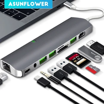 

USB C HUB Type C to 4K HDMI RJ45 With 3.5mm Audio Jack PD Charging USB 3.0 HUB Adapter for MacBook Pro 13 15 Dock USB C Splitter