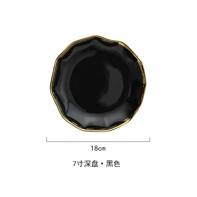 7inch deep black p Белый черный Золотой обод керамическая тарелка фарфоровые тарелки для закуски Роскошные говядины десерт лоток миска для рисового супа ложка набор посуды - Цвет: 7inch deep black p